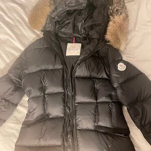 Moncler Dark Puffer Coat with Fur Hood